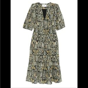 ba&sh Teganni Khaki Printed Cotton Midi Dress Tiered Short Sleeve Boho M